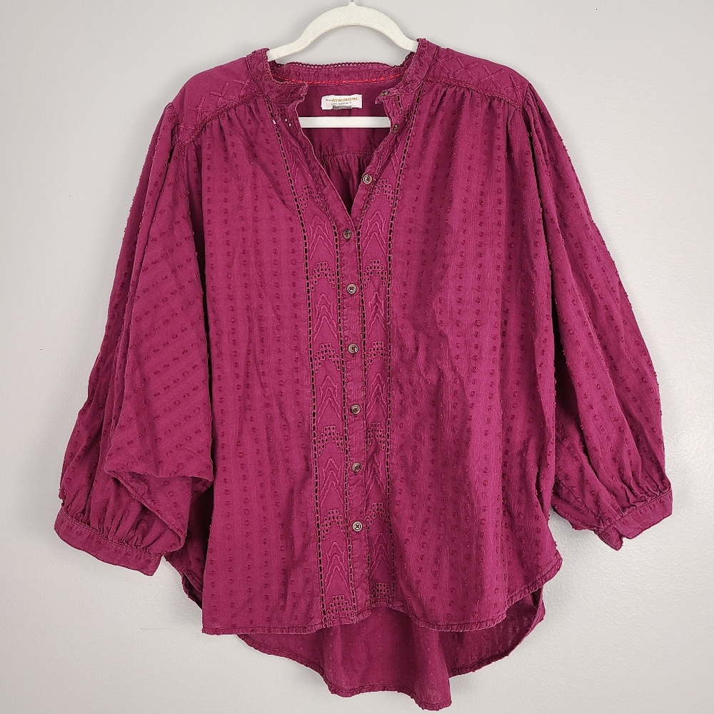 Anthropologie Pilcro Tavi Plum Purple Buttondown Swiss Dot Cotton Oversized Top
